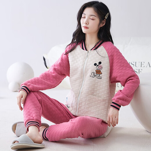芊之雅（QIANZHIYA）睡衣女生秋冬季加厚纯棉夹层长袖家居服加棉空气棉保暖薄夹棉套装 MFT-15276# 女M/160