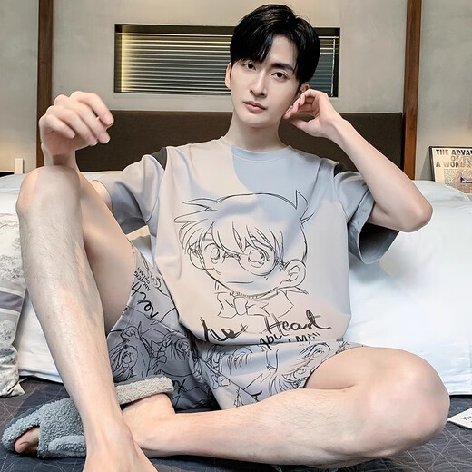 诗花巷美睡衣男夏季短袖卡通青少年男士夏天薄款加肥加大码家居服套装 短袖-xy1098 M  小码(高150-160 70-90斤)