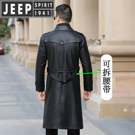 JEEP SPIRIT long knee-length leather jacket for men, down-lined leather windbreaker, winter jacket, sheepskin coat, genuine leather down jacket, plus fleece, detachable inner collar and inner placket, 5XL/200 size
