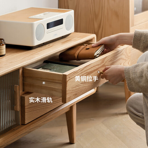 Genji Muyu solid wood TV cabinet modern living room oak home storage cabinet walnut glass sliding door TV cabinet 2.2 meters