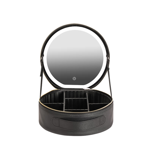 NiceLand cosmetics bag with LED light, round mirror cosmetics storage bag, large capacity, portable hand strap, battery, black