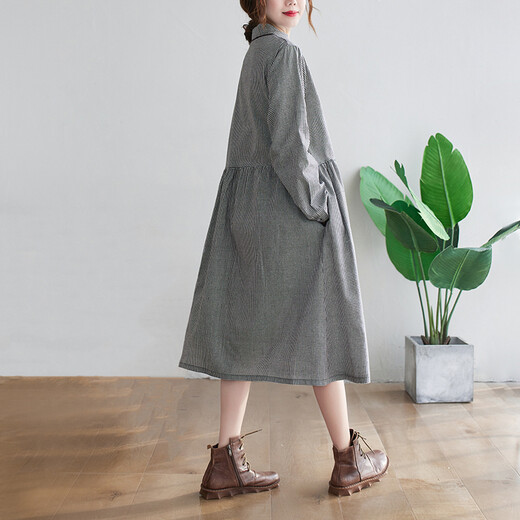 简当（JIANDANG）【清】春季胖MM加大码女装格子衬衫裙宽松中长款长袖连衣裙9855 蓝格 大码M【95-115斤】