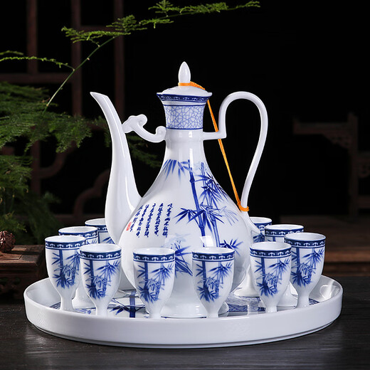 Xihe Yinyao Xihetang Jingdezhen Ceramic Wine Set Liquor Goblet Spirit Cup Blue and White Flask Set Wine Cup Tangle Lotus Style (1 Pot, 10 Cups, 1 Tray)