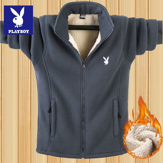 Playboy Sherpa Jacket Men's Jacket Autumn and Winter Velvet Thickened Cardigan Sweatshirt Loose Large Size Fleece Warm Top HH-889 Gray Velvet Thickened L Playboy Authentic Guarantee