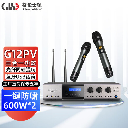 Glenston G12PV three-in-one with one-to-two wireless microphone pre-reverberator dual-channel high-power 600W power amplifier all-in-one anti-howling Bluetooth USB conference home ktv G12PV (with microphone integrated power amplifier)