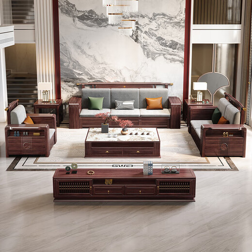 Nanzhu New Chinese Solid Wood Sofa Black Gold Wood Winter and Summer Large Apartment Villa Sofa Combination 825#