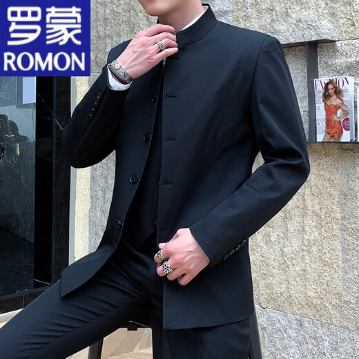 ROMON new Chinese style stand collar tunic jacket suit men's stable and elegant Chinese style Tang style suit jacket trendy black single top L 112Jin Jin is equal to 0.5kg -125Jin Jin is equal to 0.5kg