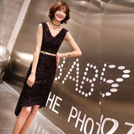 Snow Baby Evening Dress Female Aura Queen Fashion New Banquet Noble Sequin Dinner Mid-Length Dress Small Dress Slim Fishtail Black Daily Socialite Party Dress Short Black S