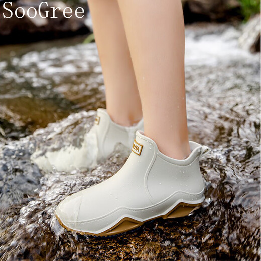 SooGree雨鞋男女情侣外穿户外露营钓鱼洗车徒步骑行防水防滑耐磨水工作鞋 防滑雨鞋米白色-无棉套 41