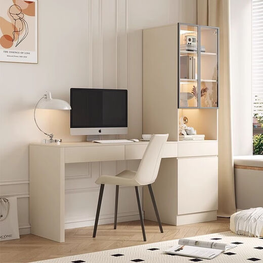 Tingbai desk and bookcase integrated wall-mounted modern cream style writing desk for home small apartment bedroom desk study table warm white all solid wood desk length 100 width 55 height 75