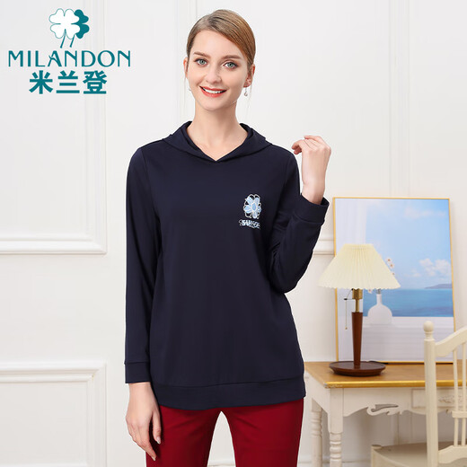 米兰登（MILANDON）春秋新款中老年女装妈妈装时尚印花连帽针织休闲服女卫衣1O1T1105 兰色 2XL