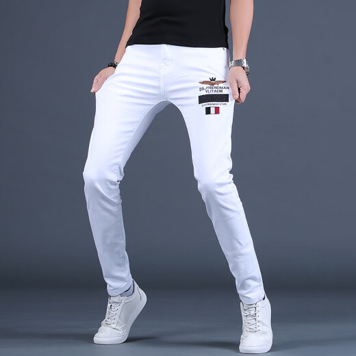 
Ke Jiehao 2025 spring and summer men's white slim jeans slim-fitting embroidered small feet casual trousers elastic printed pants trendy 6621 white hot diamond style 32