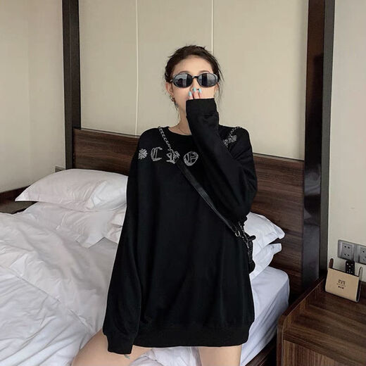 Shangjianfen women's niche 2025 spring and autumn new ins trendy brand hot diamond sweatshirt for women European and American heavy industry Sanskrit cross loose cross hot diamond sweatshirt - black high quality thin section XXS recommended 10Jin Jin equal to 0.5 kg or less