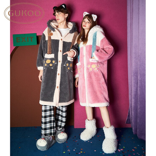 Nutshell Mary Cat couple pajamas for women autumn and winter new cartoon nightgown autumn and winter hooded coral velvet men's home wear D Mary Cat women's nightgown L