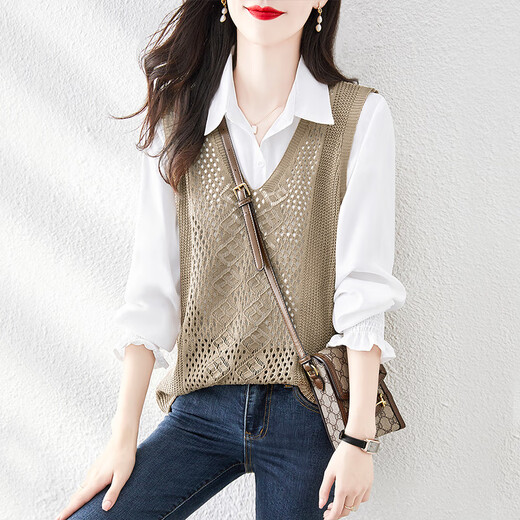 丝柏舍2025秋装新款女装衬衣背心时尚宽松衬衫搭针织马甲套装