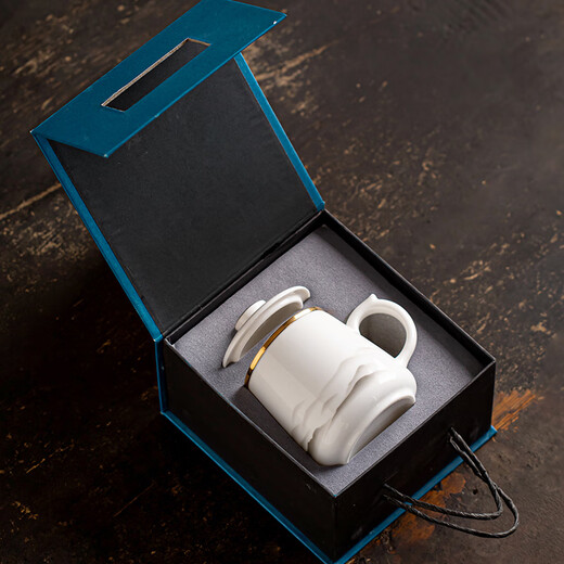 Gold inlaid jade tea cup three-piece set mutton fat jade porcelain household ceramic tea making tea water separation mug gift box Yunzhongyou