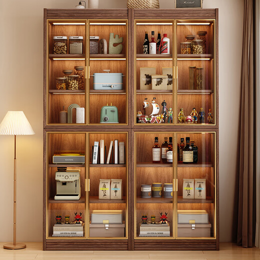 Small wooden sideboard integrated wall cabinet black walnut solid wood wine cabinet living room storage cabinet storage cabinet 1.6 meters three-door sideboard-without light combination

