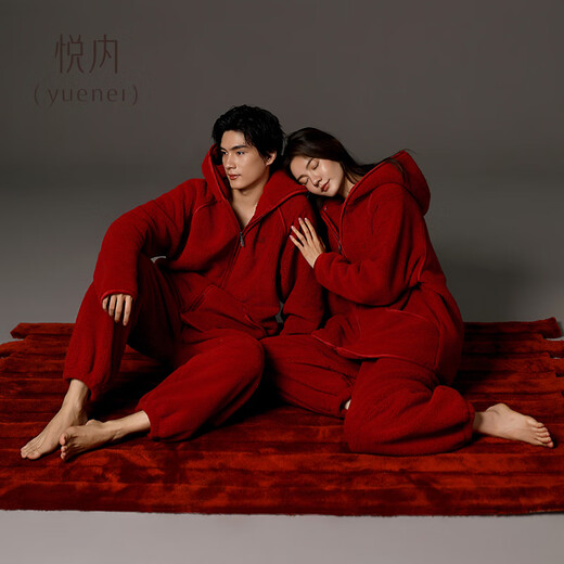 Yuenei Red Pajamas Wedding Newlywed Couple Set Autumn and Winter Women's Thickened Coral Velvet Home Clothes Men's Zodiac Year 24400 Retro Red Women's L (Male 110-140 Jin Jin equals 0.5 kg / Female 110-120 Jin Jin equals 0.5 kg)