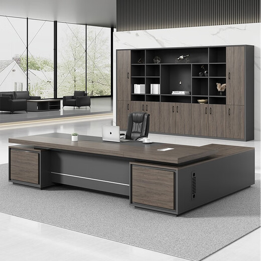 Dilin boss desk desk supervisor manager desk simple modern office furniture leadership table and chair combination single executive desk ebony wood with iron gray (long cabinet on the right) 2 meters including double side cabinets + chairs + 2.4 meters bookcase