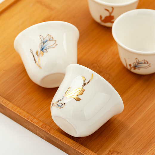 Jinlan Jade Tangshan Bone China 2-inch shot glass mini spirit cup Magnolia wine set 40ml rice wine cup Kung Fu tea cup Magnolia Blossom - Magnolia wine glass 10 pieces