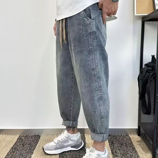 迪伽达复古港风牛仔裤男宽松哈伦裤松紧腰萝卜裤潮牌时尚宽松百搭长裤子 HCFS-3002浅蓝色 XL