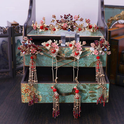 Lingchuan Xiuhe bridal headdress Chinese style wedding simple and elegant Xiuhe step shaking tassel wedding hair accessories ancient costume phoenix crown girl 18365 full set + bracelet ear hook style