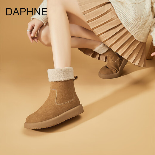 Daphne Daphne echte Lederschnee Stiefel Frauenschuhe für Winter 2024 Neu eingedickte Samtschuhe Dicke Sohle kurze Stiefel warme Baumwollschuhe für Frauen Kamelfarbe 40