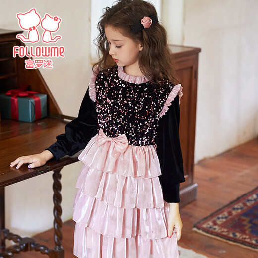 Fuluo Mi Girls Dress Winter Girl Red Sequin Princess Dress Western Style Performance Dress Pink 140cm