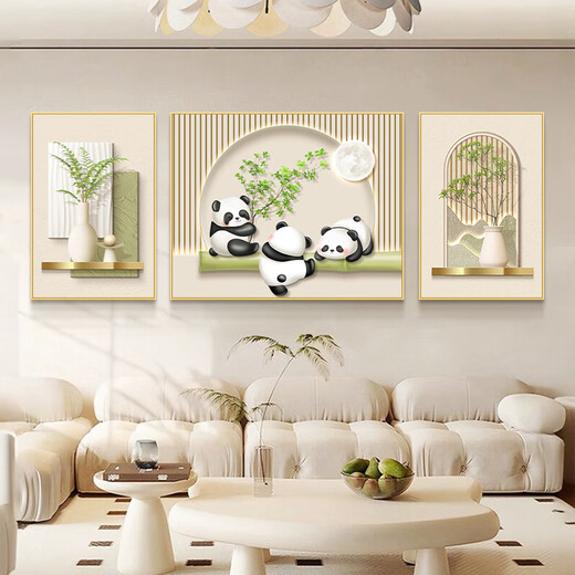 艺环宇奶油风客厅装饰画简约现代熊猫三联画高级感沙发背景墙挂画