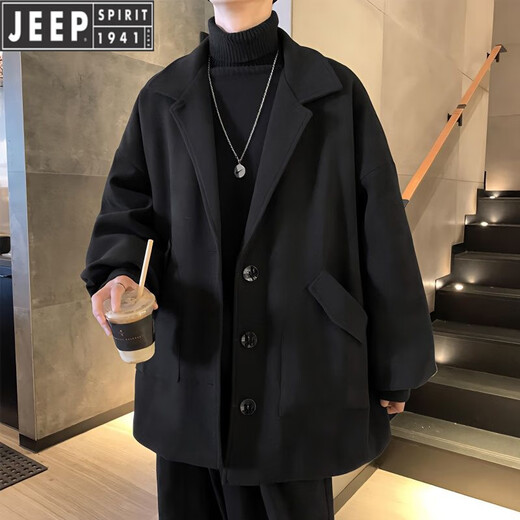 JEEP Men's Casual Windbreaker Spring and Autumn British Style Short Woolen Jacket Trendy Men Youth Loose and Handsome Brand Men's Clothing Black XL Follow the store for priority delivery