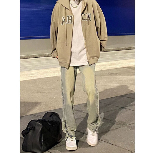 POUM men's joint yellow mud jeans men's spring and autumn style high street retro American straight fit loose casual pants WKXS-K679 yellow mud L