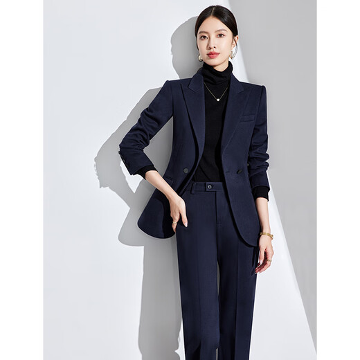 诗璐雅（SHILUYA）高端毛呢外套气质收腰案场客服女工作服外套西装套装两件套冬季厚 藏青色西装+阔腿微喇裤 L