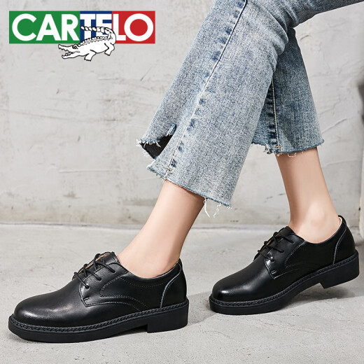 CARTELO crocodile CARTELO small leather shoes women's lace-up single shoes women's versatile commuting KDLYJ-WF110 black 37