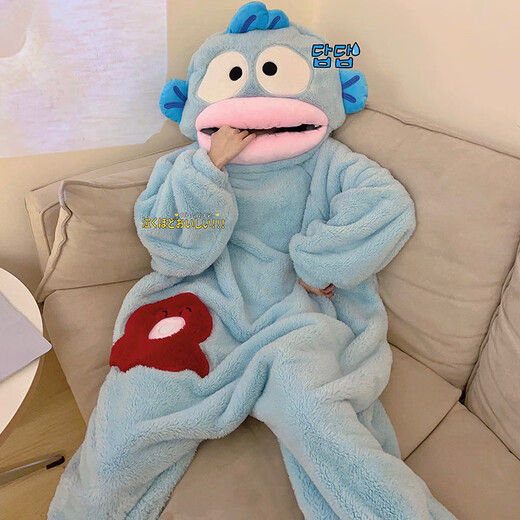 Hanton Ugly Fish Cute and Funny One-piece Couple Pajamas Women's Autumn and Winter Thickened Coral Fleece Hooded Men's Home Clothes Clown Fish One-piece XL 170-175CM