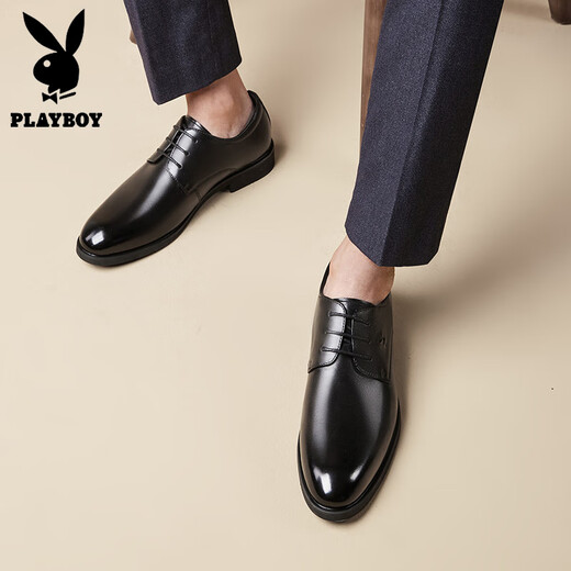 Playboy leather shoes for men business casual top layer cowhide and perforated formal wear soft leather one foot step men's shoes large size new groomsman 1591 black 42