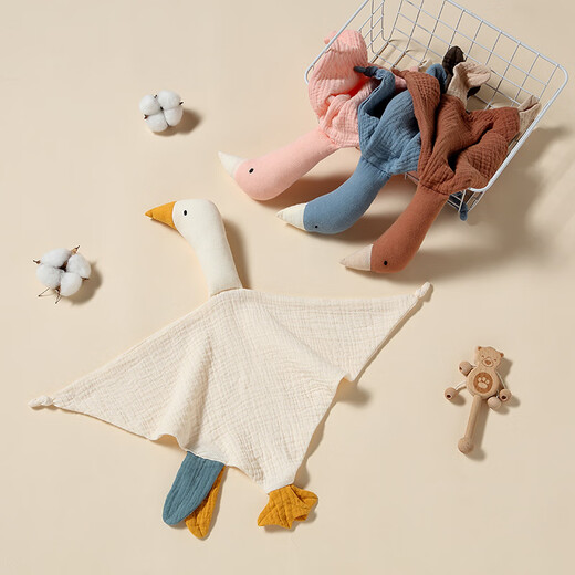 Jingmengyuan wrinkled cloth soothing napkin baby can bite the doll sleeping baby to soothe the baby to sleep pure cotton gauze little swan hand puppet khaki flower (goose) 1 pack