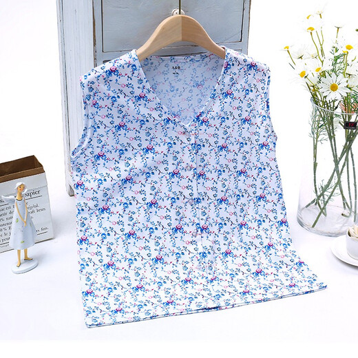 AB underwear women's pure cotton pajamas summer sleeveless sweatshirt middle-aged and elderly mothers printed V-neck cardigan vest T-shirt S724 Little Blue Flower XL (165/95)