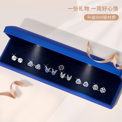 Crystal Silver Needle One Week Earrings 2025 New Earrings Girl Birthday Gift for Girlfriend Light Luxury High-end Niche Temperament T504 Six Pairs Romantic Earrings Light Box-999 Silver