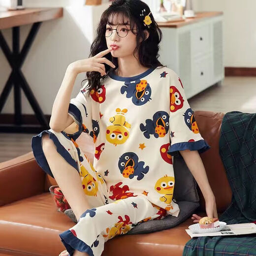 浪莎（LangSha）睡衣女夏季短袖七分裤加大宽松春夏天可外穿卡通可爱家居服套装 短袖七分裤673 3XL _建议135-150斤穿