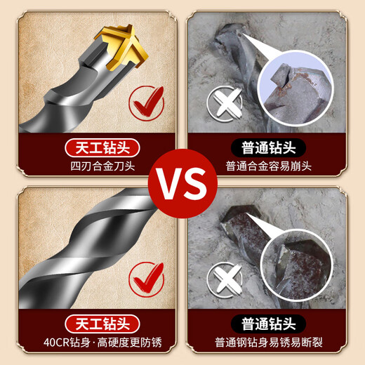 TIANGONG cross impact drill bit high hardness electric hammer for concrete hand electric drill drill tip steel bar universal drilling drill bit 6x110 round shank