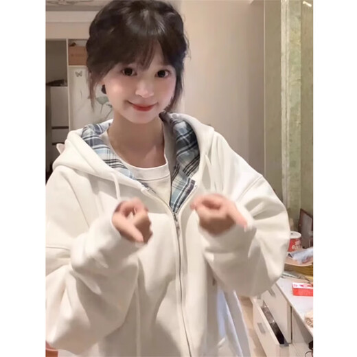 LDBE American plaid hooded cardigan sweatshirt women's new loose and velvet thickened autumn and winter zipper jacket trendy white autumn and winter velvet M