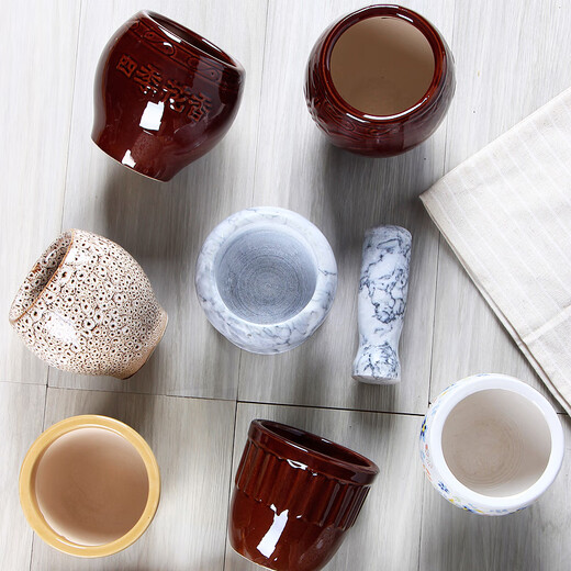 Jingling stone garlic mortar household old-fashioned garlic masher ceramic garlic jar traditional garlic masher garlic mud artifact garlic pounder round mouth brown garlic mortar + wooden hammer