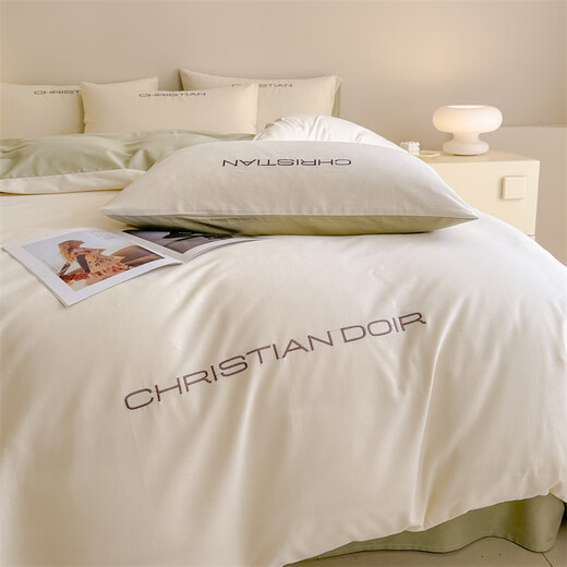 Hengyuan Home Textiles Class A 200-count long-staple cotton simple cotton brushed four-piece set 100 pure cotton bed sheet duvet cover bed sheet autumn ivory white-green bed sheet 1.5m four-piece set