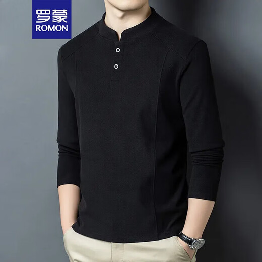 ROMON autumn and winter double-sided German velvet bottoming shirt men's Henry collar trendy versatile long-sleeved T-shirt stand-up collar sweatshirt men's clothing black black M 100-115Jin Jin equals 0.5 kg