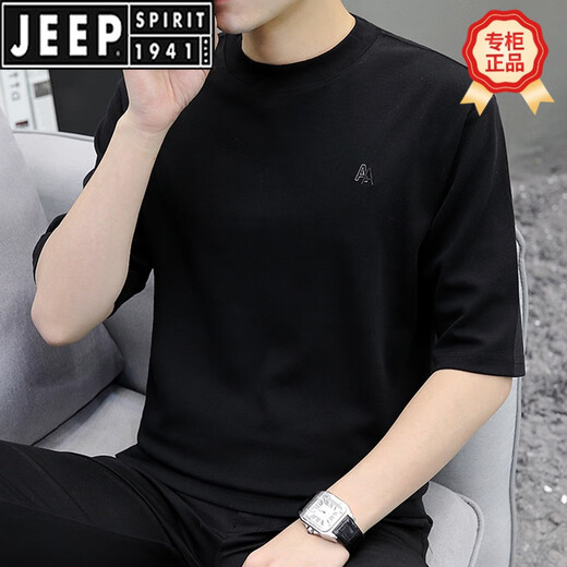 JEEP SPIRIT men's short-sleeved T-shirt, seven-quarter sleeve trendy brand INS round neck loose 2025 summer new half-sleeved top mid-sleeved T-shirt QD659 black XL [135-150Jin[Jin equals 0.5 kg]]