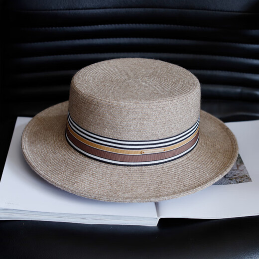 Tochino high-end wool braided flat brim hat for women, elegant, fashionable and versatile, striped jazz hat, French flat top hat, khaki M (56-58cm), one size fits all, adjustable