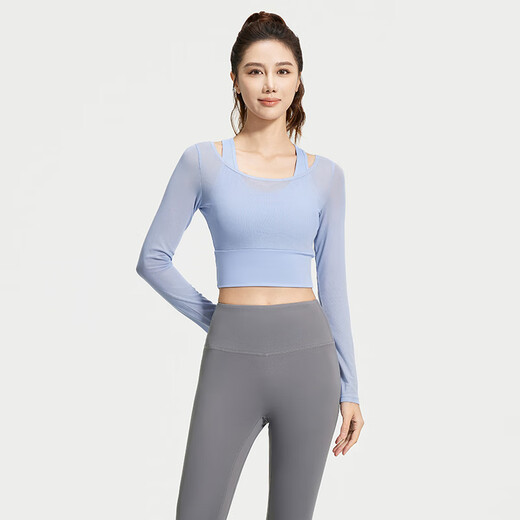 Lu Geli Yoga Wear Women's Autumn and Winter Sports Suit with Breast Pad and Beautiful Back Two-piece Long Sleeve Fitness Pilates Training Wear Two-piece Yoga Wear Blue + Gray XL Recommended 115-130 Jin Jin equals 0.5 kg