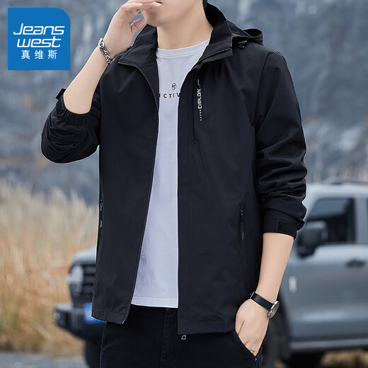 真维斯（Jeanswest）春秋季冲锋夹克男新款男装宽松连帽可拆卸外套男士防风工装上衣 6628黑色 2XL 码(136-150斤)