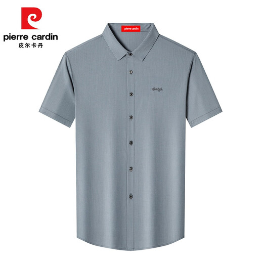 Pierre Cardin gestreiftes Kurzarmhemd für Männer 2024 Sommer Neues High-End-Mulberry-Seidengeschäft Casual Thin Buhning Hemd für Männer grau [2602 Modelle] 175/XL [Empfohlen 130-150jin [Jin entspricht 0,5 kg]]