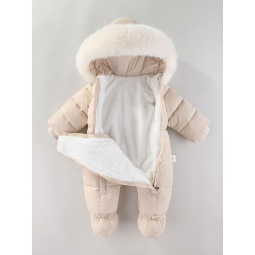 Ha Meng Deer baby jumpsuit hooded plus velvet thickened infant and toddler jumpsuit 2025 winter new style jumpsuit HY thick climbing double zipper beige 66cm 66 size recommended 0-3 months